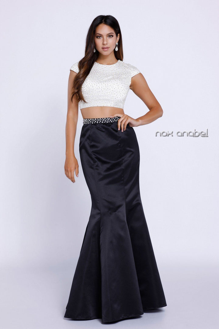 Pearl Beaded Cap Sleeve Crop Top Mermaid Dress by Nox Anabel 8227-Long Formal Dresses-ABC Fashion