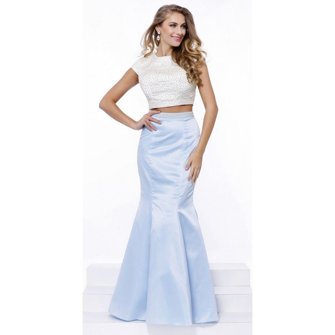 Pearl Beaded Cap Sleeve Crop Top Mermaid Dress by Nox Anabel 8227-Long Formal Dresses-ABC Fashion