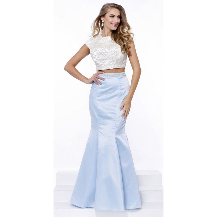 Pearl Beaded Cap Sleeve Crop Top Mermaid Dress by Nox Anabel 8227-Long Formal Dresses-ABC Fashion
