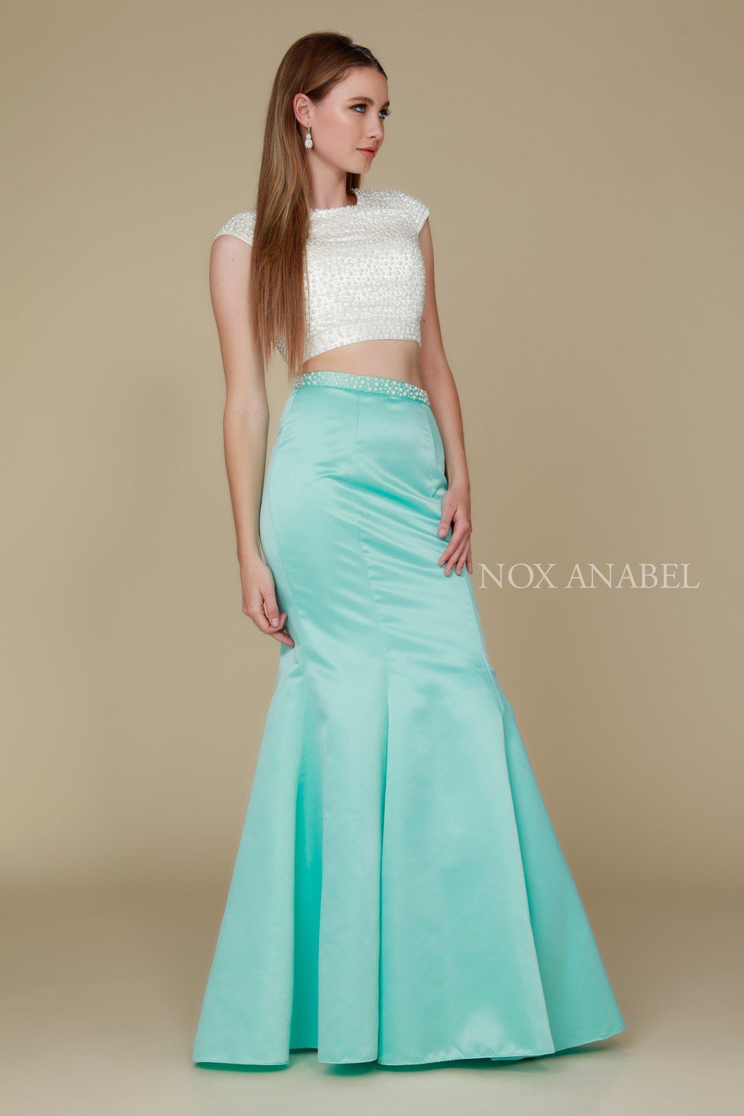 Beaded Cap Sleeve Crop Top Mermaid Dress by Nox Anabel 8227