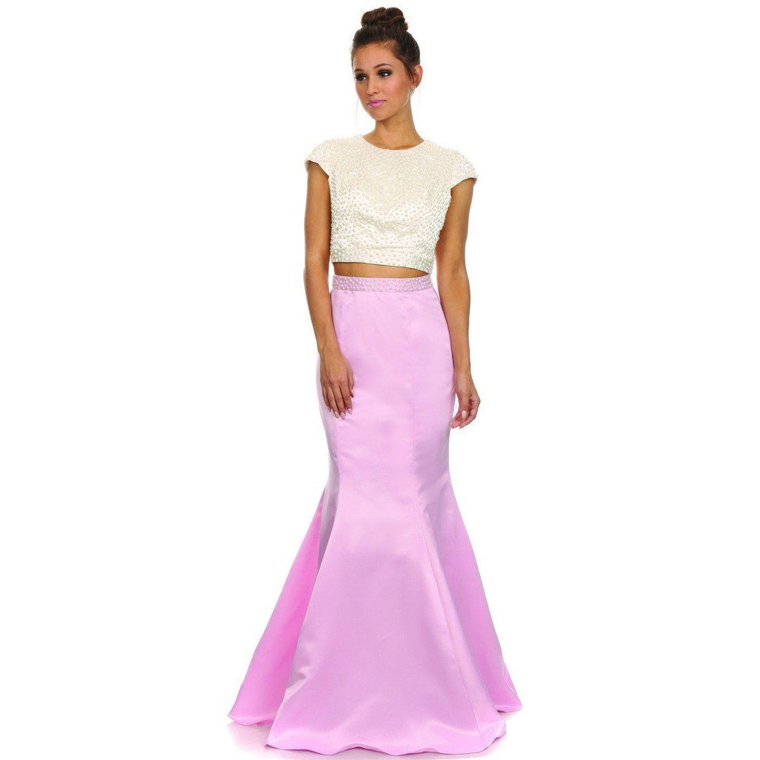 Pearl Beaded Cap Sleeve Crop Top Mermaid Dress by Nox Anabel 8227-Long Formal Dresses-ABC Fashion