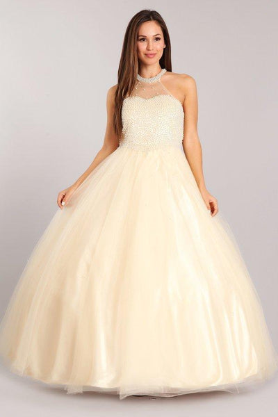 Pearl Beaded Halter Ball Gown by Cinderella Couture 5055