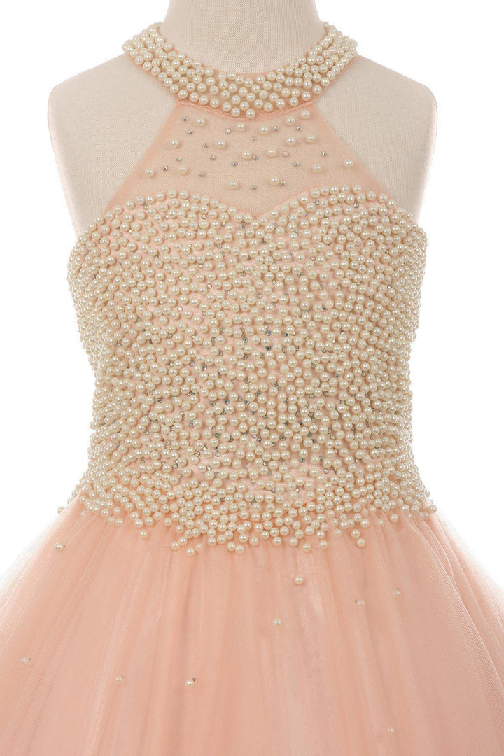 Pearl Beaded Halter Ball Gown by Cinderella Couture 5055