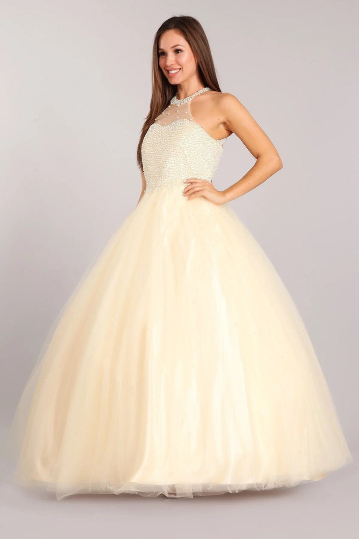 Pearl Beaded Halter Ball Gown by Cinderella Couture 5055