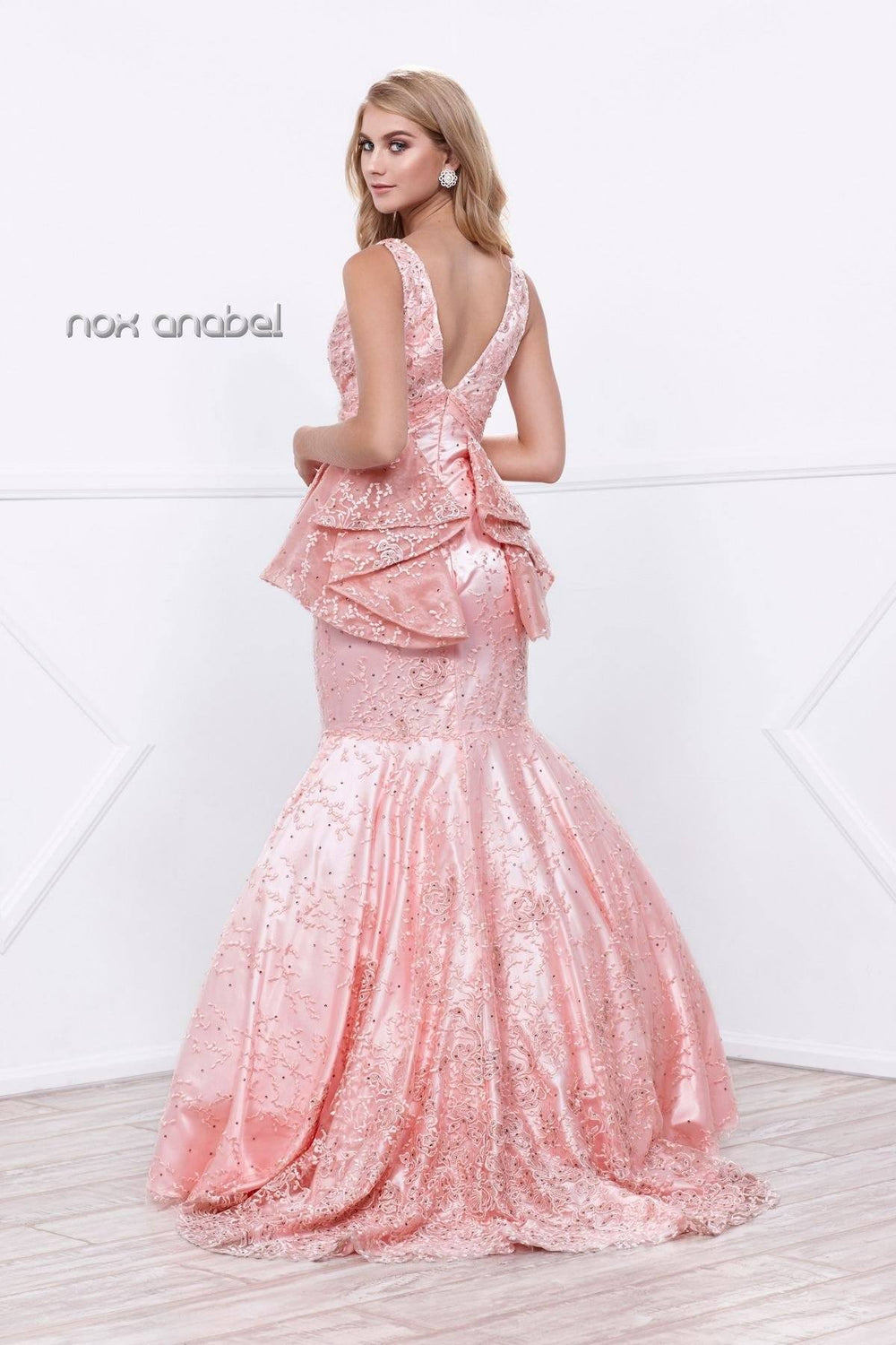 Pink Beaded Sleeveless Lace Mermaid Dress by Nox Anabel 8311-Long Formal Dresses-ABC Fashion