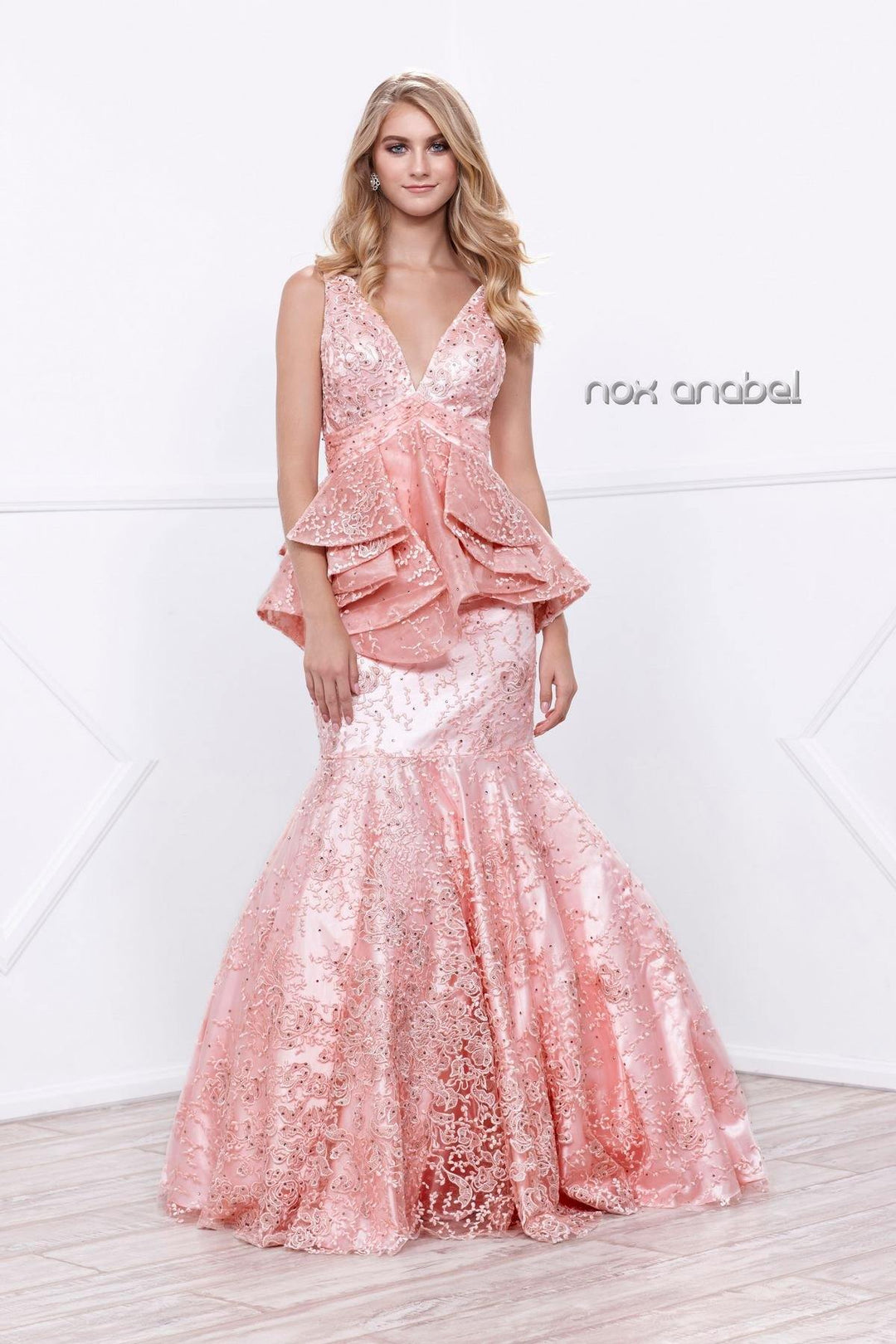 Pink Beaded Sleeveless Lace Mermaid Dress by Nox Anabel 8311-Long Formal Dresses-ABC Fashion