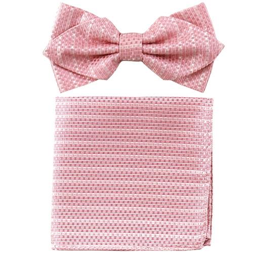 Pink Bow Tie with Geometric Squares and Pocket Square (Pointed Tip)-Men's Bow Ties-ABC Fashion