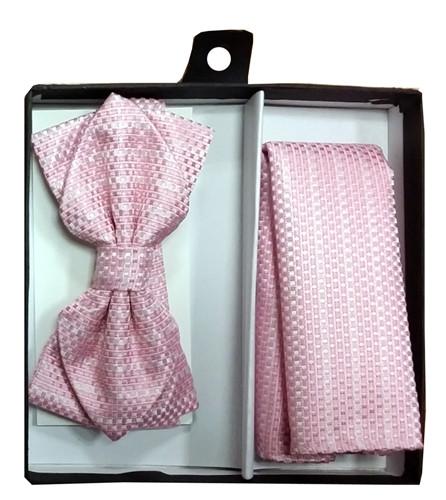 Pink Bow Tie with Geometric Squares and Pocket Square (Pointed Tip)-Men's Bow Ties-ABC Fashion