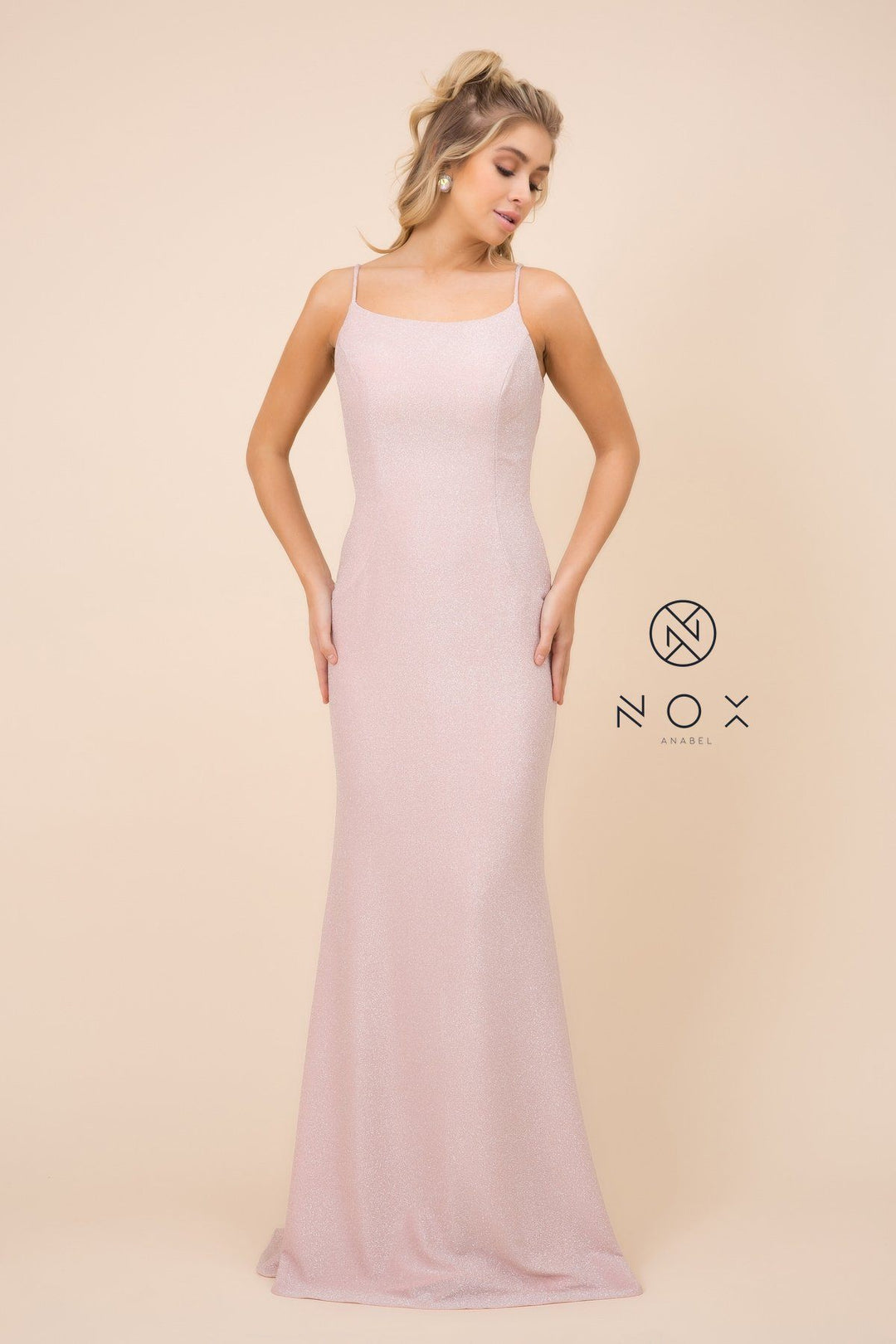 Pink Long Glitter Dress with Cowl Back by Nox Anabel C307