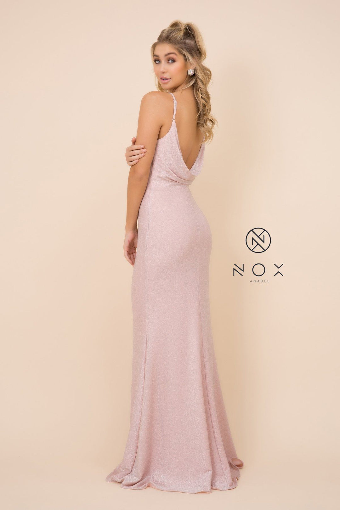 Pink Long Glitter Dress with Cowl Back by Nox Anabel C307