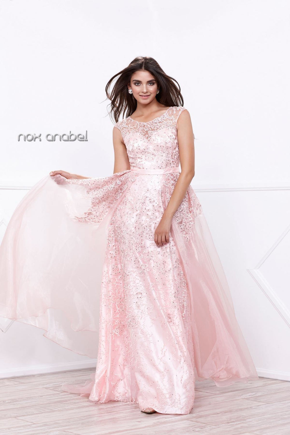 Pink Long Sleeveless Beaded Sheer Illusion Dress by Nox Anabel 8282-Long Formal Dresses-ABC Fashion