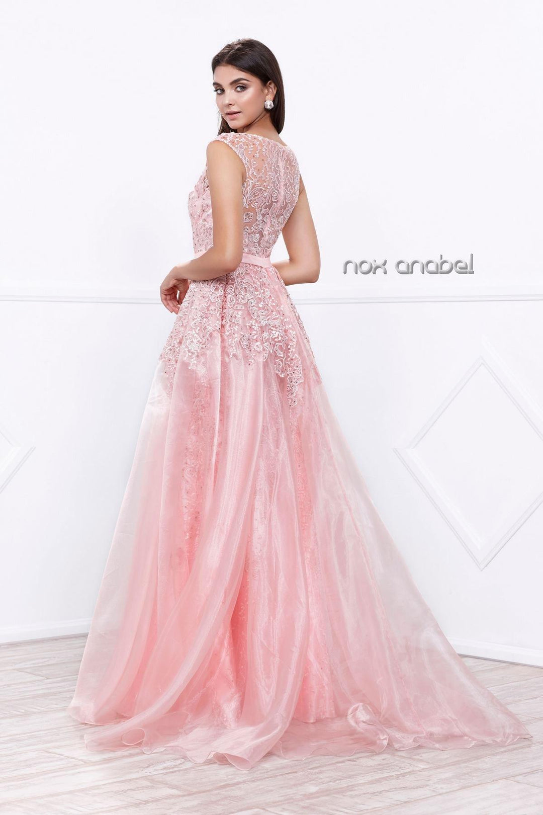 Pink Long Sleeveless Beaded Sheer Illusion Dress by Nox Anabel 8282-Long Formal Dresses-ABC Fashion