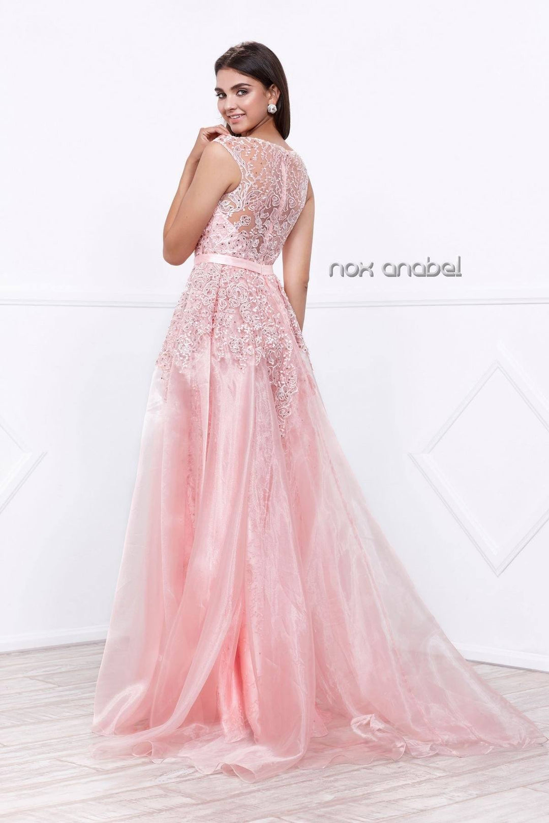 Pink Long Sleeveless Beaded Sheer Illusion Dress by Nox Anabel 8282-Long Formal Dresses-ABC Fashion