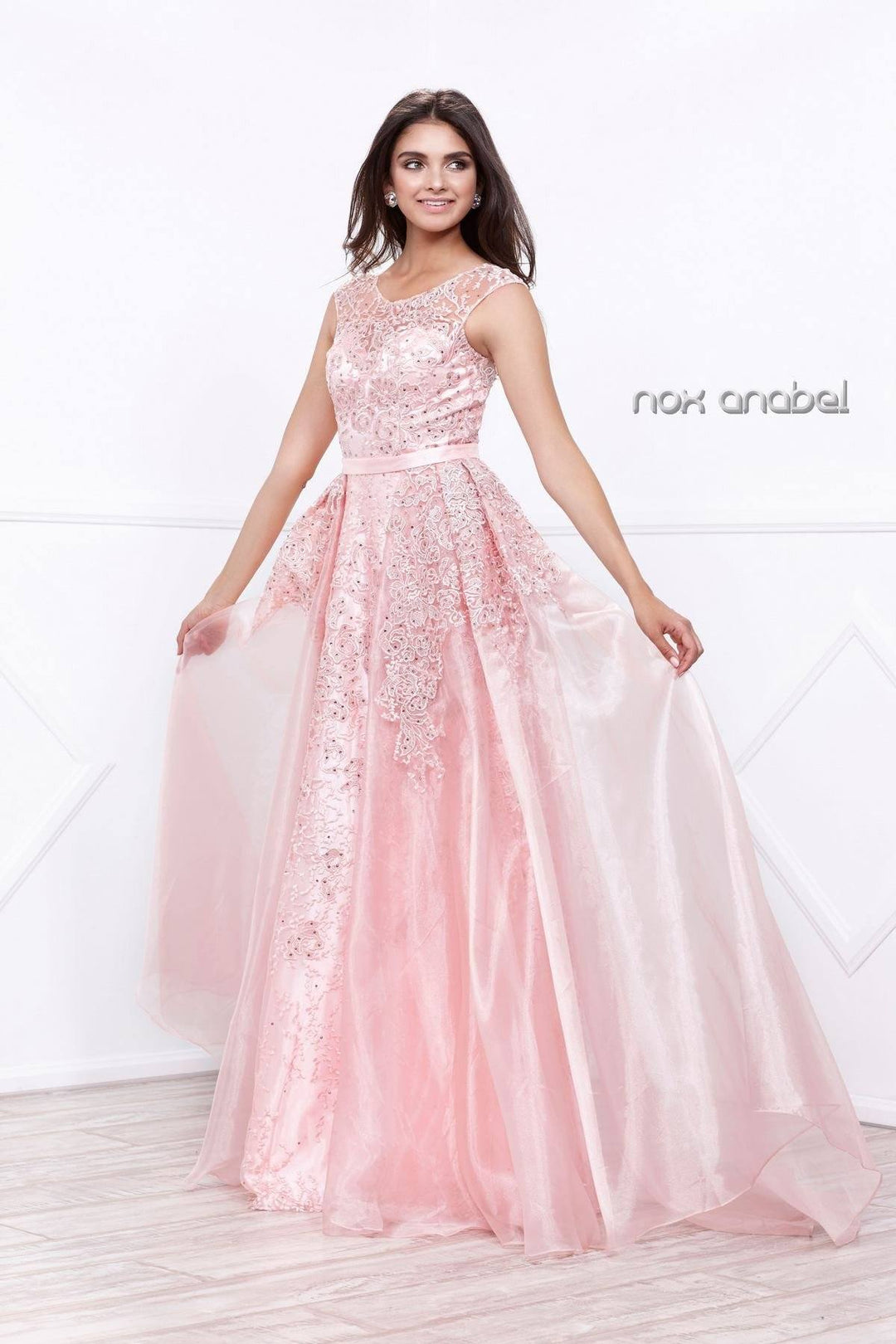 Pink Long Sleeveless Beaded Sheer Illusion Dress by Nox Anabel 8282-Long Formal Dresses-ABC Fashion