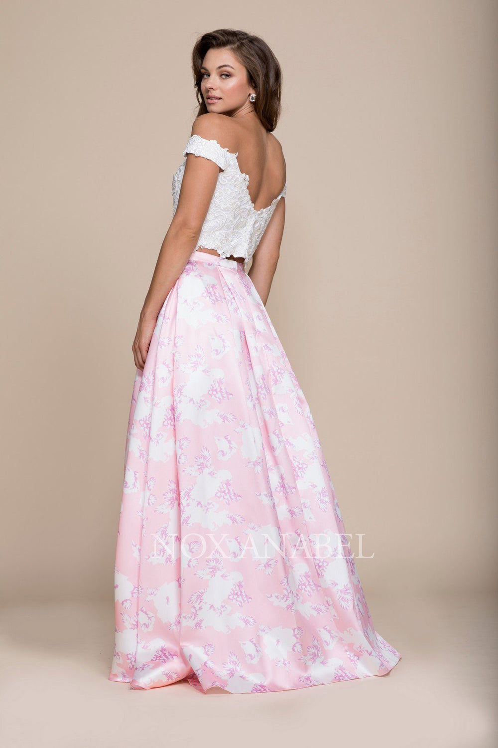 Pink Long Two-Piece Floral Print Dress by Nox Anabel 8312-Long Formal Dresses-ABC Fashion