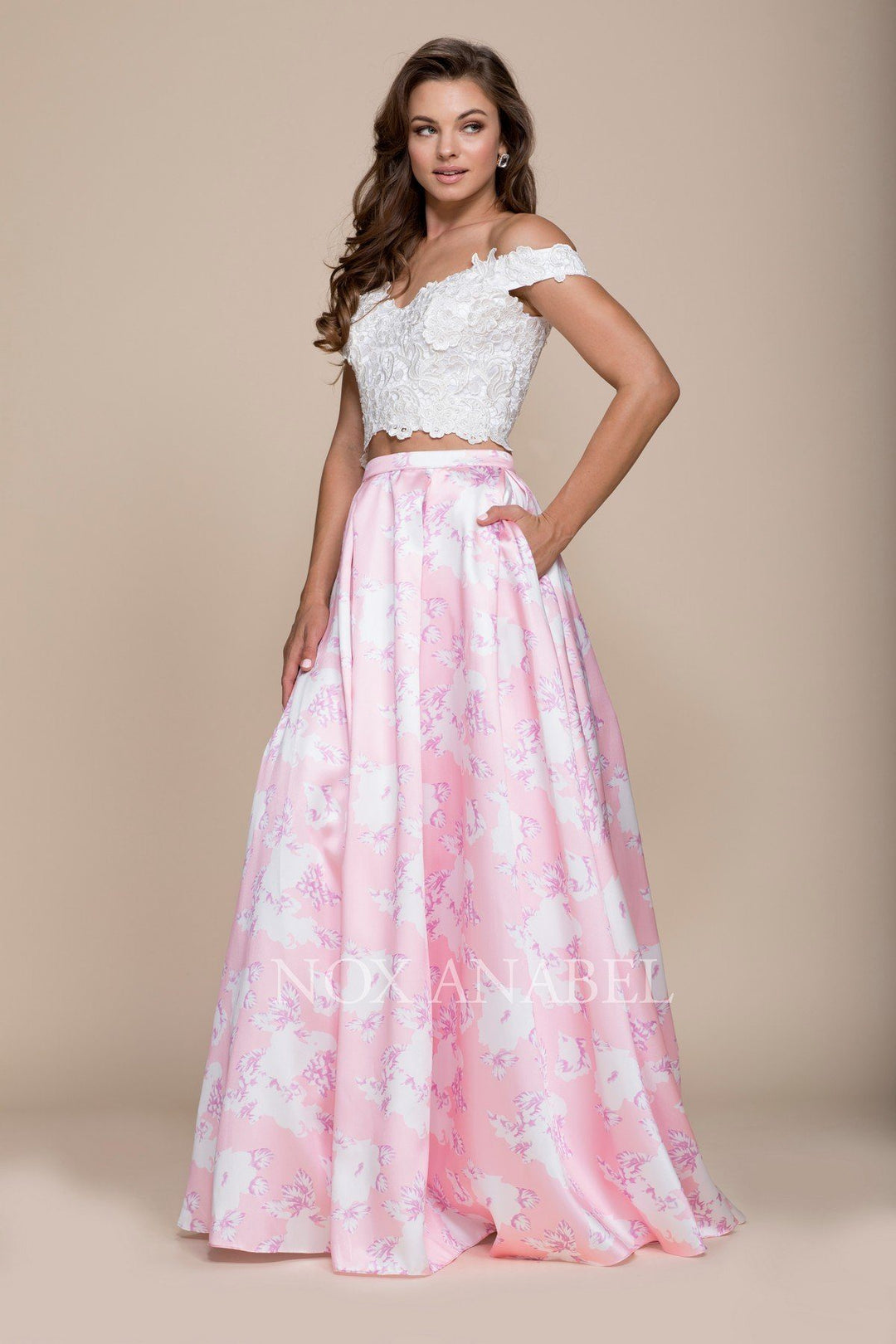 Pink Long Two-Piece Floral Print Dress by Nox Anabel 8312-Long Formal Dresses-ABC Fashion