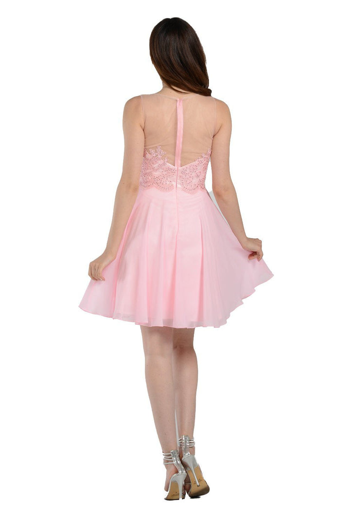 Pink Short Chiffon Dress with Lace Applique Bodice by Poly USA-Short Cocktail Dresses-ABC Fashion