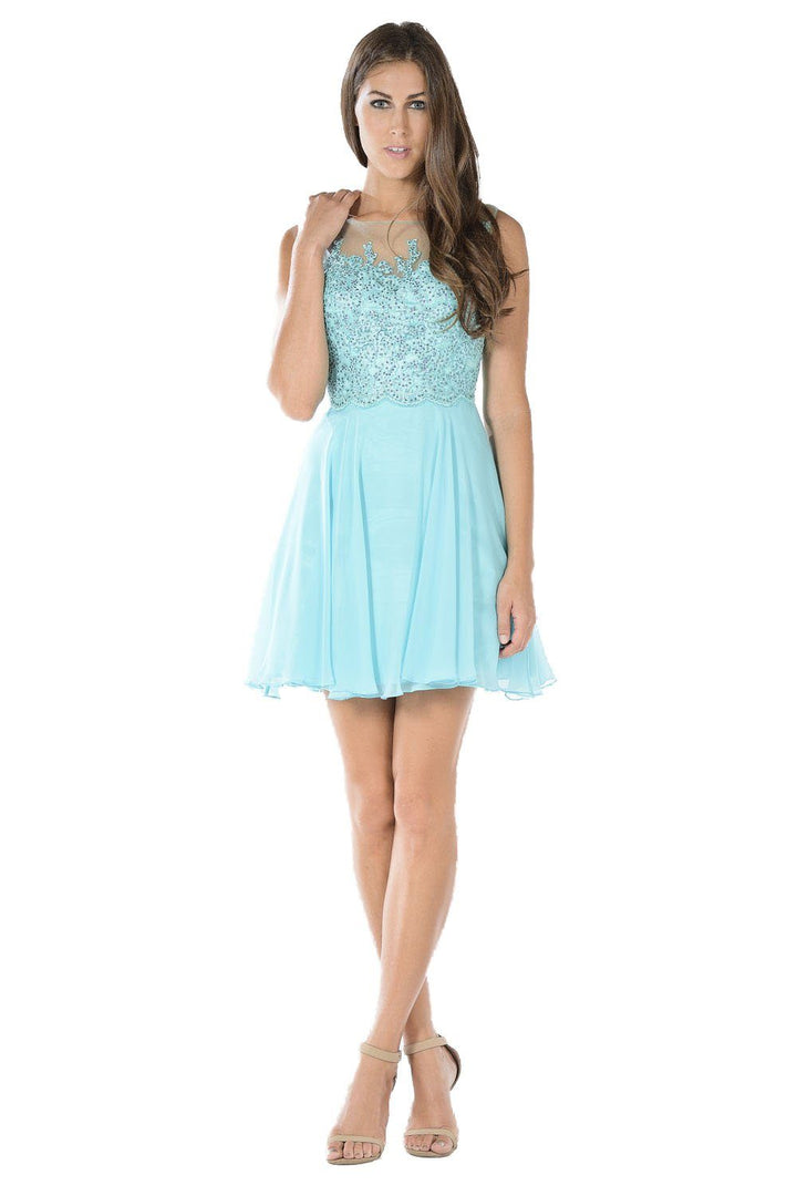 Pink Short Chiffon Dress with Lace Applique Bodice by Poly USA-Short Cocktail Dresses-ABC Fashion
