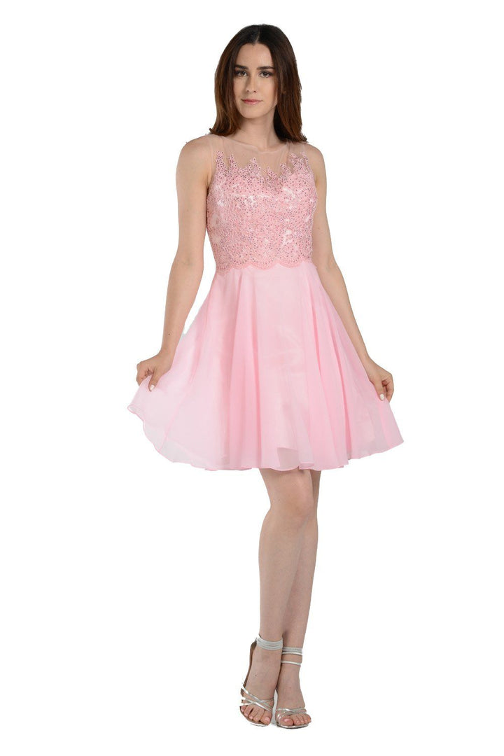 Pink Short Chiffon Dress with Lace Applique Bodice by Poly USA-Short Cocktail Dresses-ABC Fashion