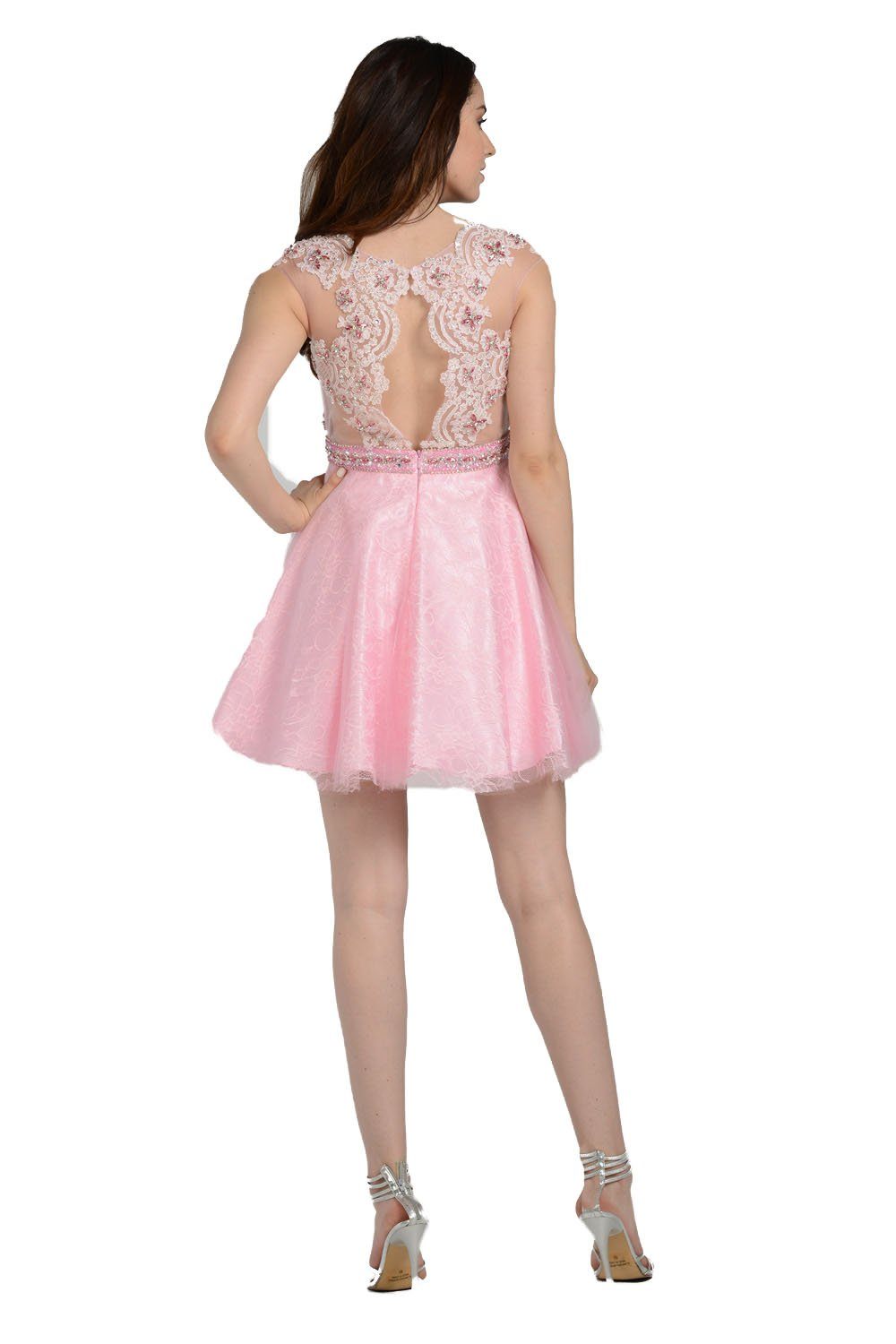 Pink Short Lace Dress with Beaded Bodice by Poly USA-Short Cocktail Dresses-ABC Fashion