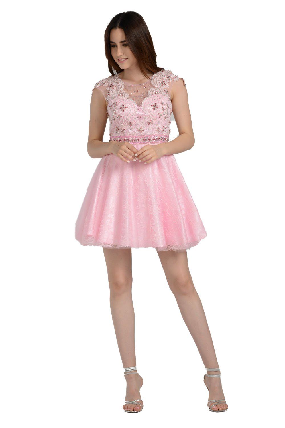 Pink Short Lace Dress with Beaded Bodice by Poly USA-Short Cocktail Dresses-ABC Fashion
