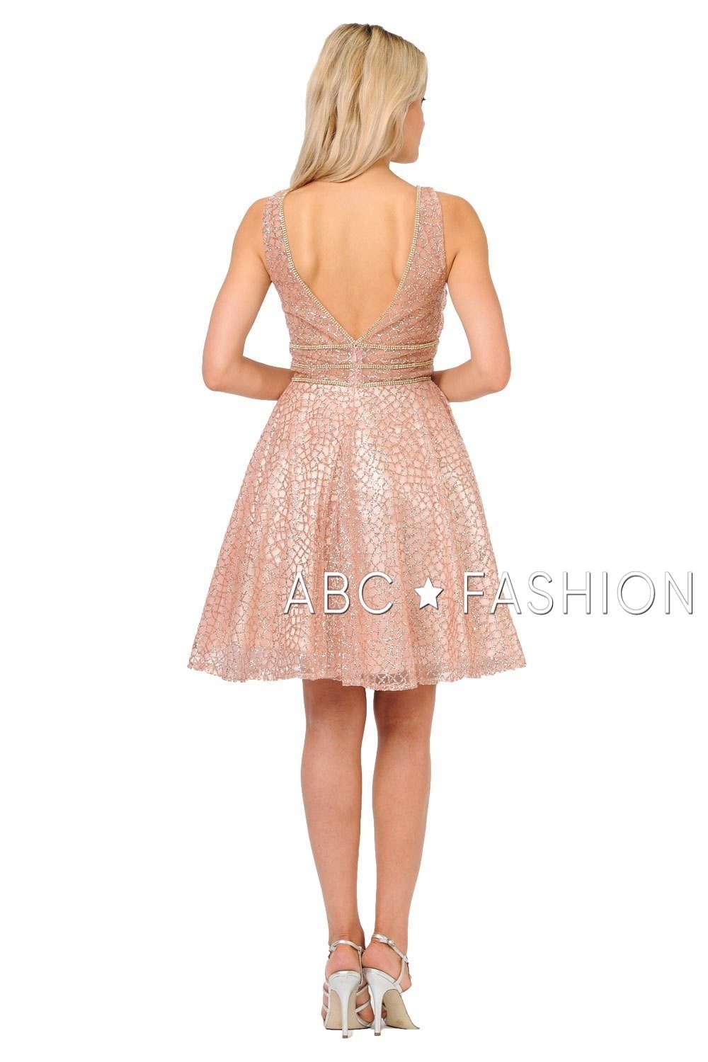 Pink Sleeveless Glitter Print Short Dress with V-Neck by Poly USA 8444-Short Cocktail Dresses-ABC Fashion