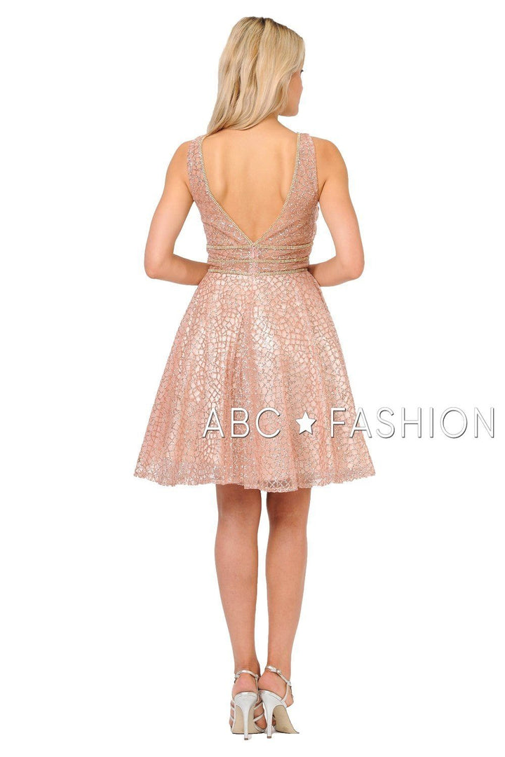 Pink Sleeveless Glitter Print Short Dress with V-Neck by Poly USA 8444-Short Cocktail Dresses-ABC Fashion