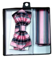 Pink/Black Striped Bow Tie with Pocket Square (Pointed Tip)-Men's Bow Ties-ABC Fashion