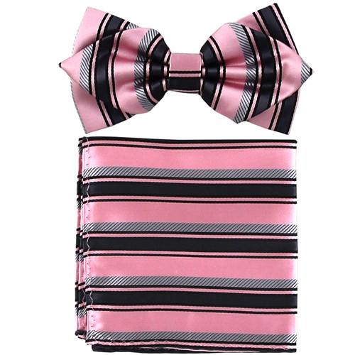 Pink/Black Striped Bow Tie with Pocket Square (Pointed Tip)-Men's Bow Ties-ABC Fashion