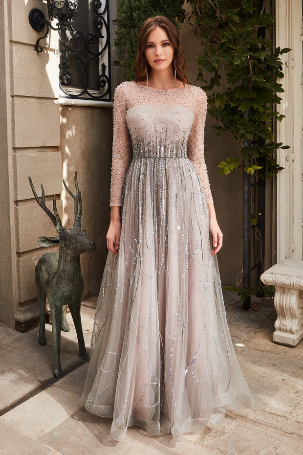 Pleated 3/4 Sleeve Tulle Gown by Cinderella Divine B701