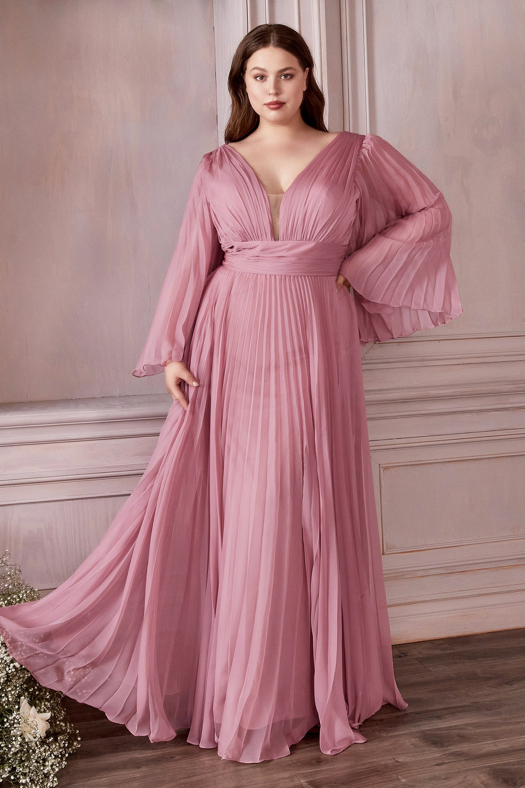 Pleated Bell Sleeve Gown by Cinderella Divine CD242