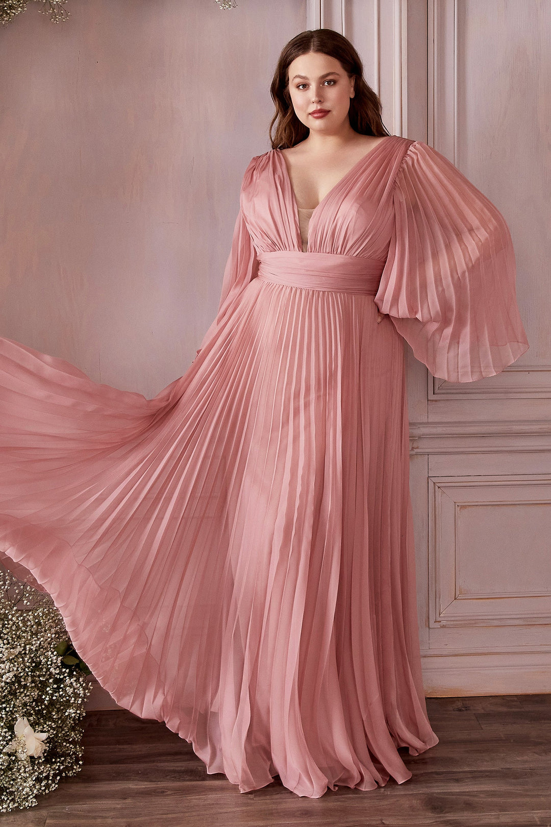 Pleated Bell Sleeve Gown by Cinderella Divine CD242