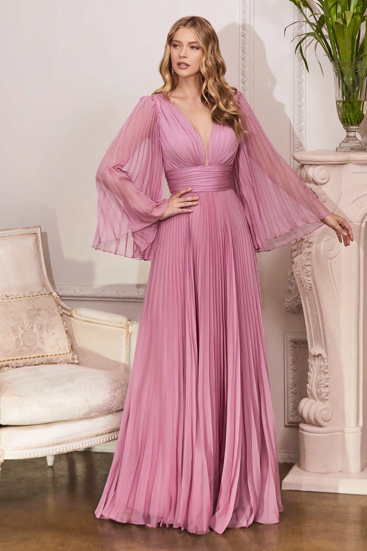 Pleated Bell Sleeve Gown by Cinderella Divine CD242 – ABC Fashion