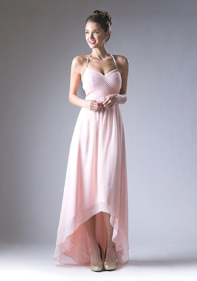 Pleated Halter High Low Dress by Cinderella Divine CH528-Long Formal Dresses-ABC Fashion