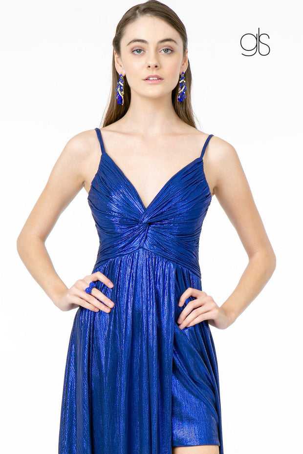 Pleated Long Metallic Slit Dress by Elizabeth K GL2927