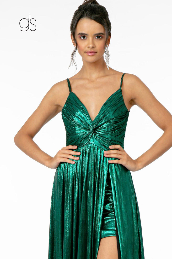 Pleated Long Metallic Slit Dress by Elizabeth K GL2927