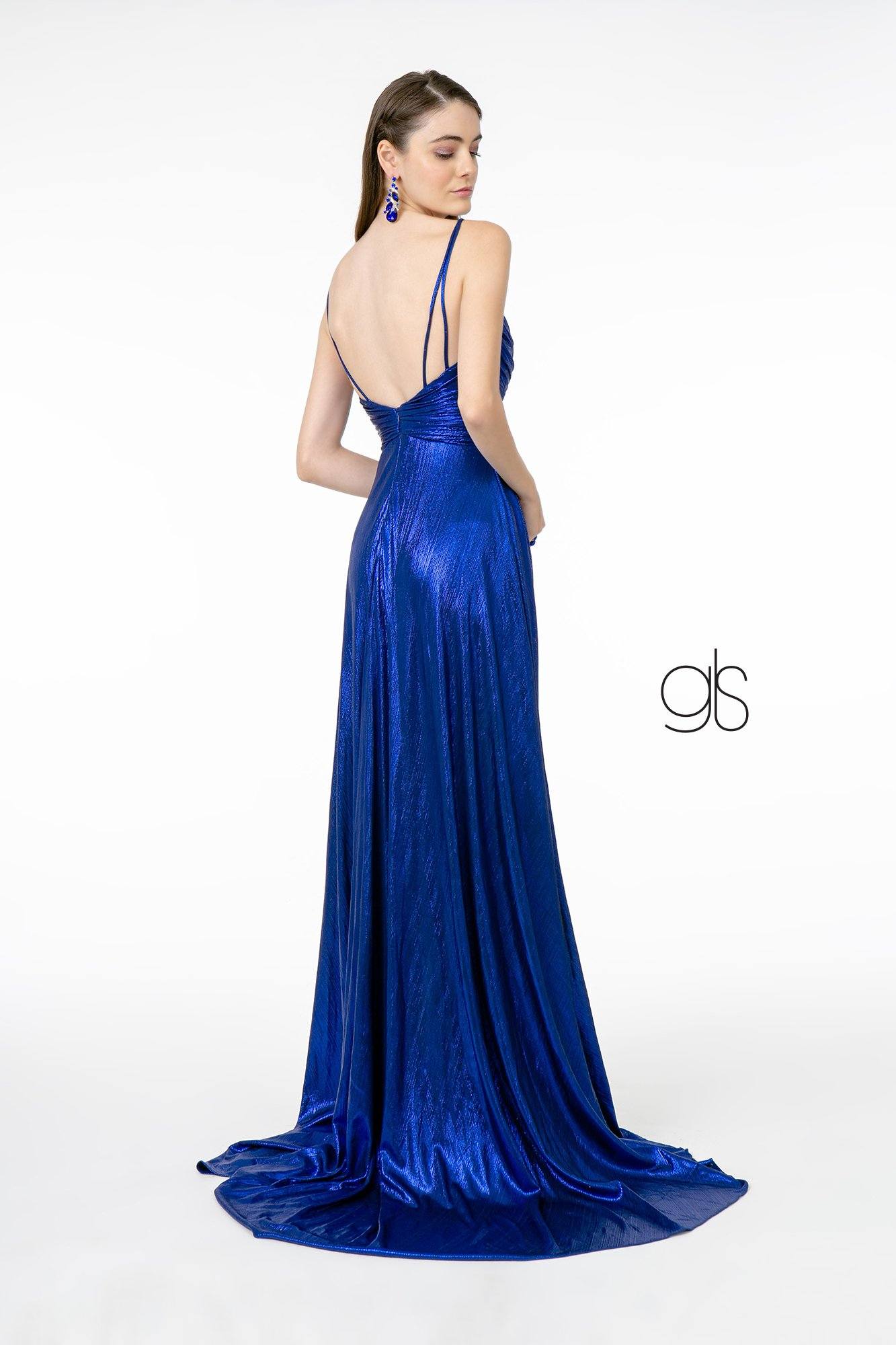 Pleated Long Metallic Slit Dress by Elizabeth K GL2927 – ABC Fashion