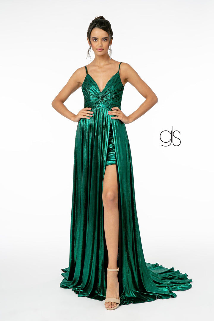 Pleated Long Metallic Slit Dress by Elizabeth K GL2927