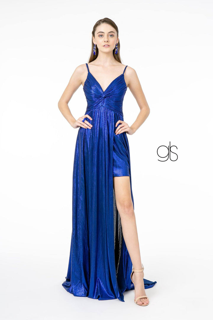 Pleated Long Metallic Slit Dress by Elizabeth K GL2927