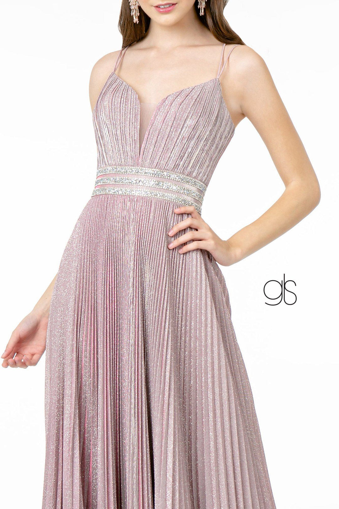 Pleated Long A-Line Metallic Glitter Dress by Elizabeth K GL2905