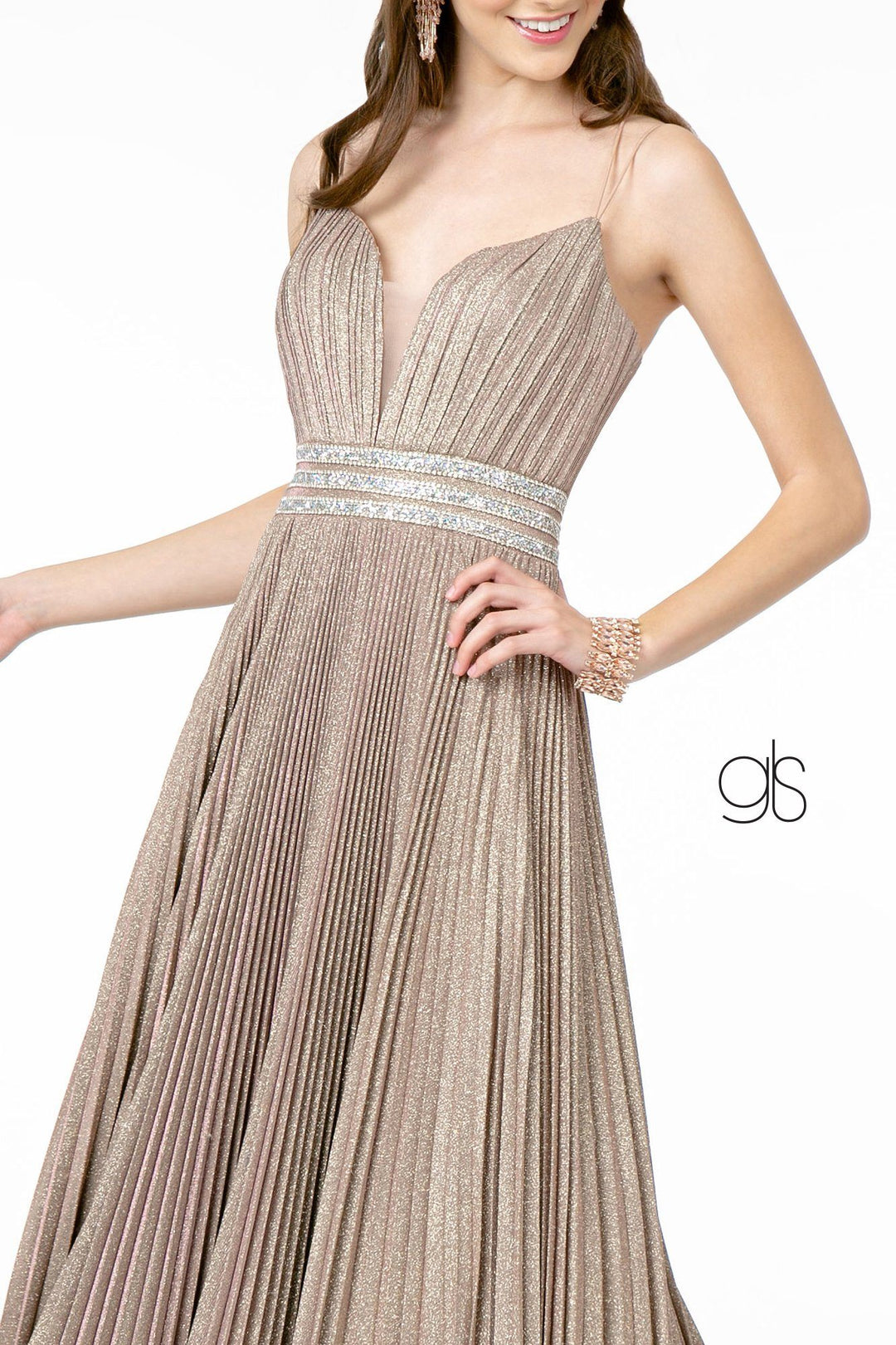 Pleated Long A-Line Metallic Glitter Dress by Elizabeth K GL2905