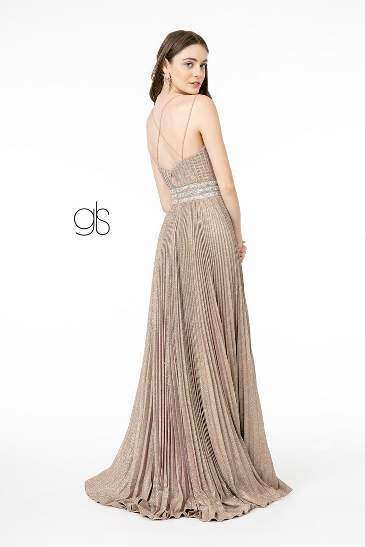 Pleated Long A-Line Metallic Glitter Dress by Elizabeth K GL2905