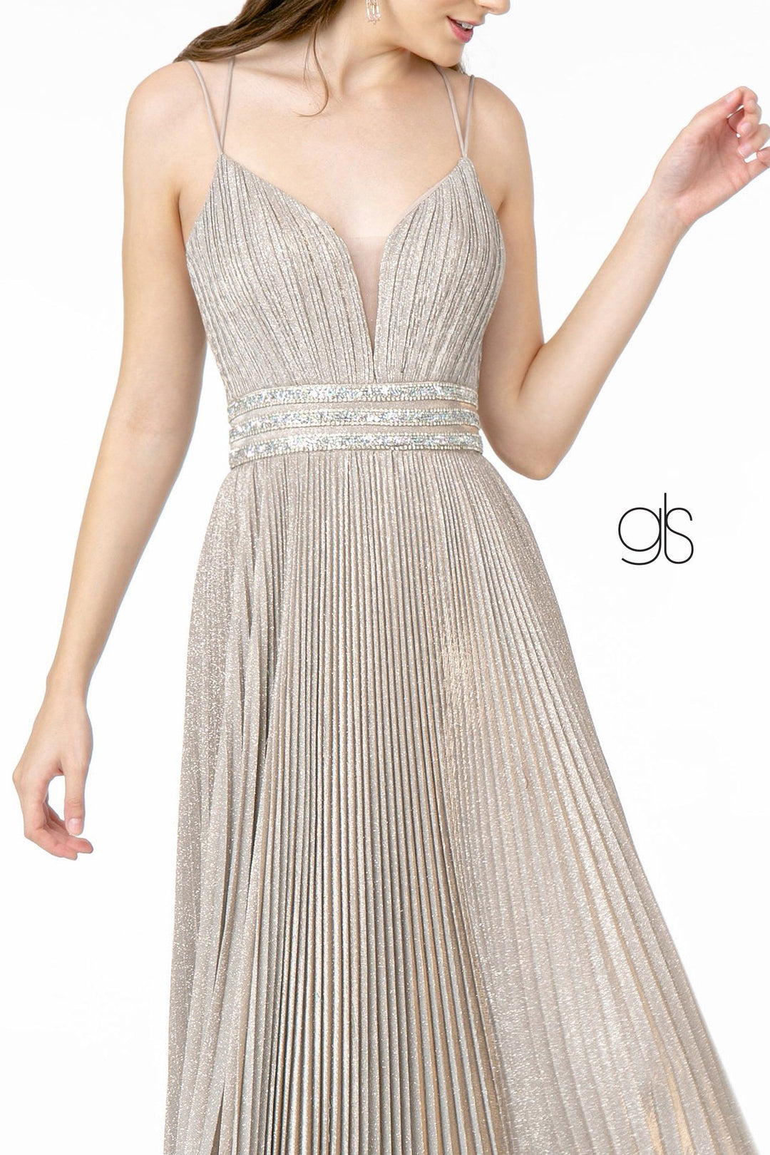 Pleated Long A-Line Metallic Glitter Dress by Elizabeth K GL2905
