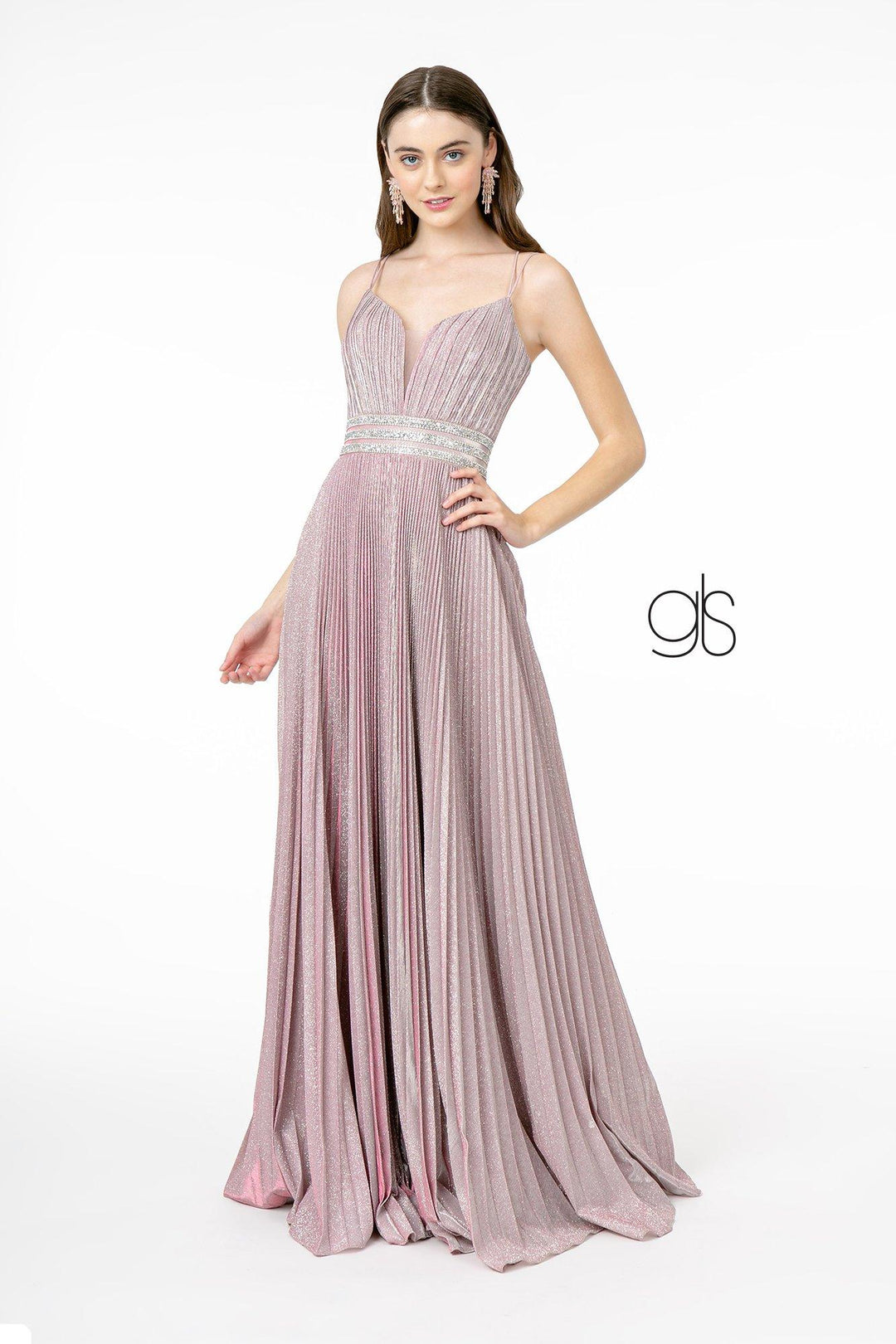 Pleated Long A-Line Metallic Glitter Dress by Elizabeth K GL2905