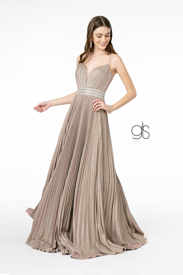 Pleated Long A-Line Metallic Glitter Dress by Elizabeth K GL2905