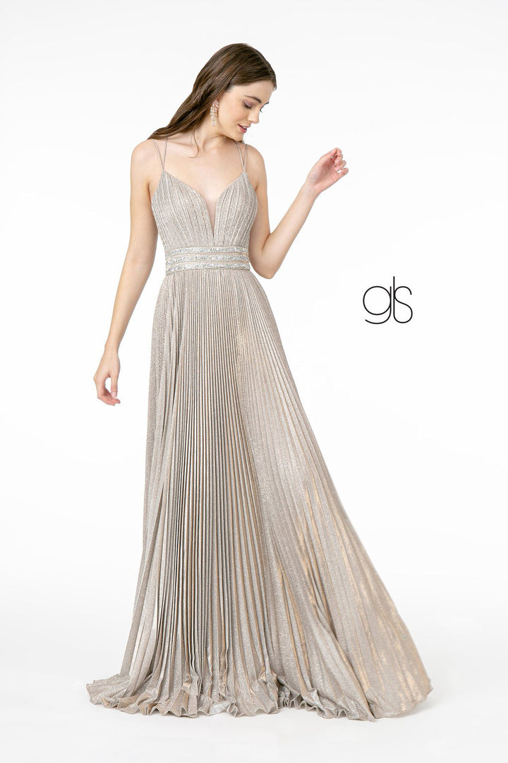 Pleated Long A-Line Metallic Glitter Dress by Elizabeth K GL2905