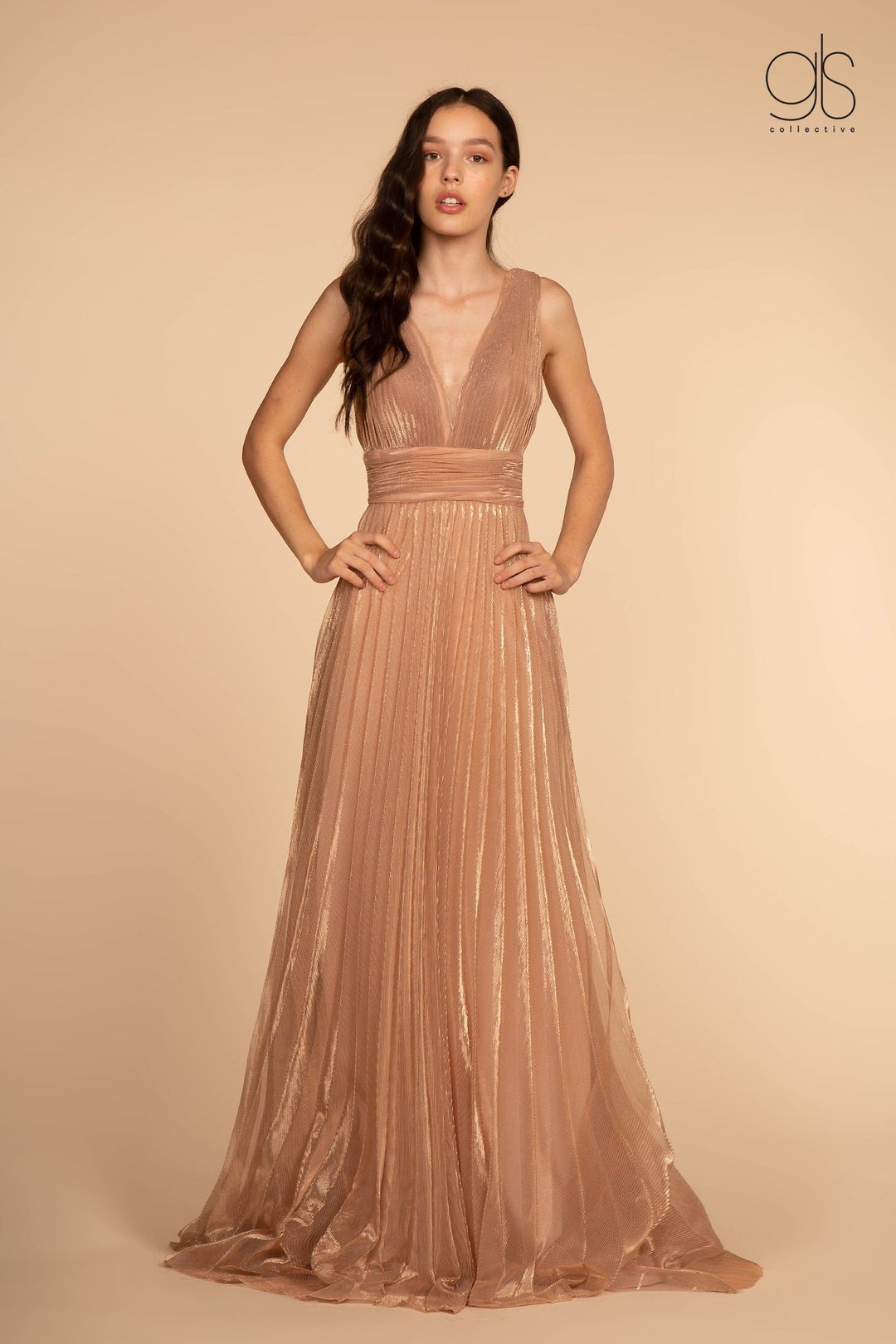 Pleated Long Illusion V-Neck Metallic Dress by Elizabeth K GL2574-Long Formal Dresses-ABC Fashion