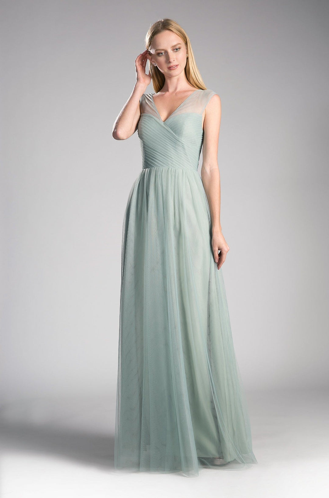 Pleated Long Sleeveless Sage Dress by Cinderella Divine ET320-Long Formal Dresses-ABC Fashion
