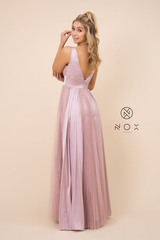 Pleated Long Sleeveless V-Neck Dress by Nox Anabel L340