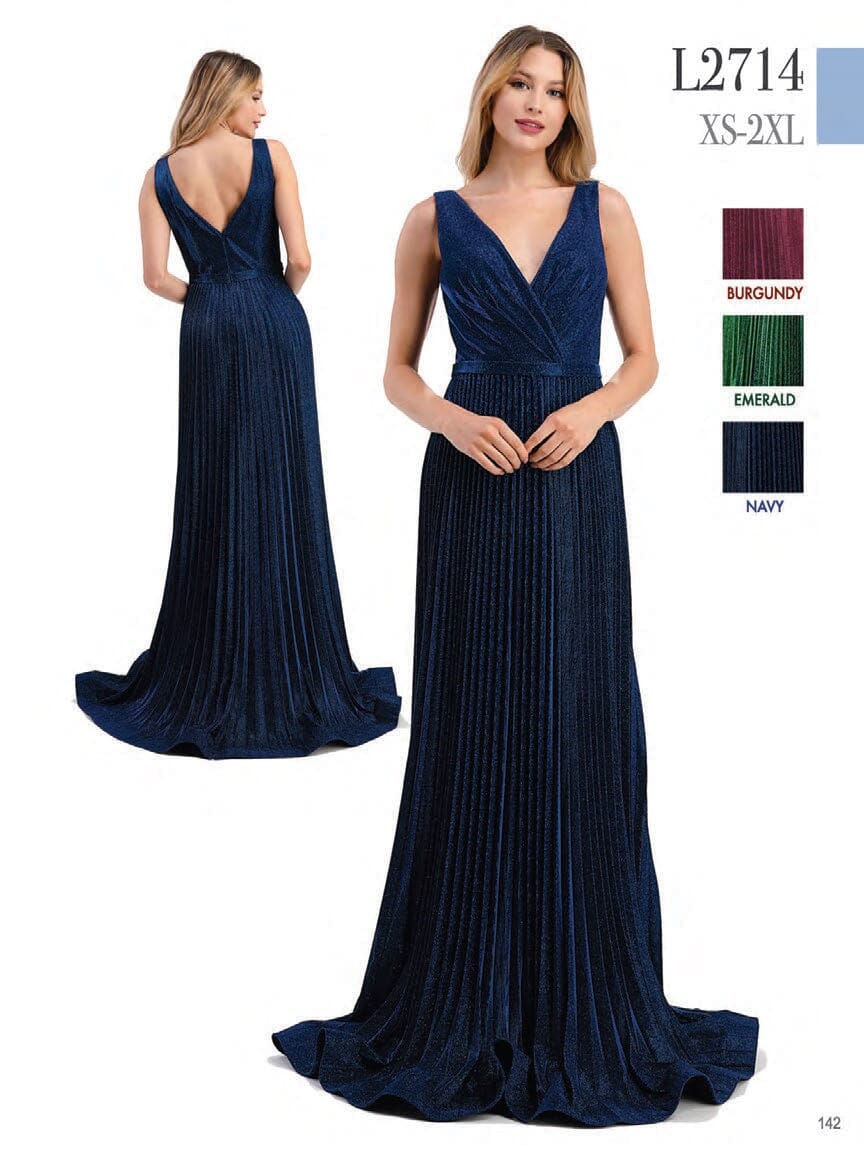 Pleated Long Sleeveless V-Neck Metallic Dress by Coya L2714